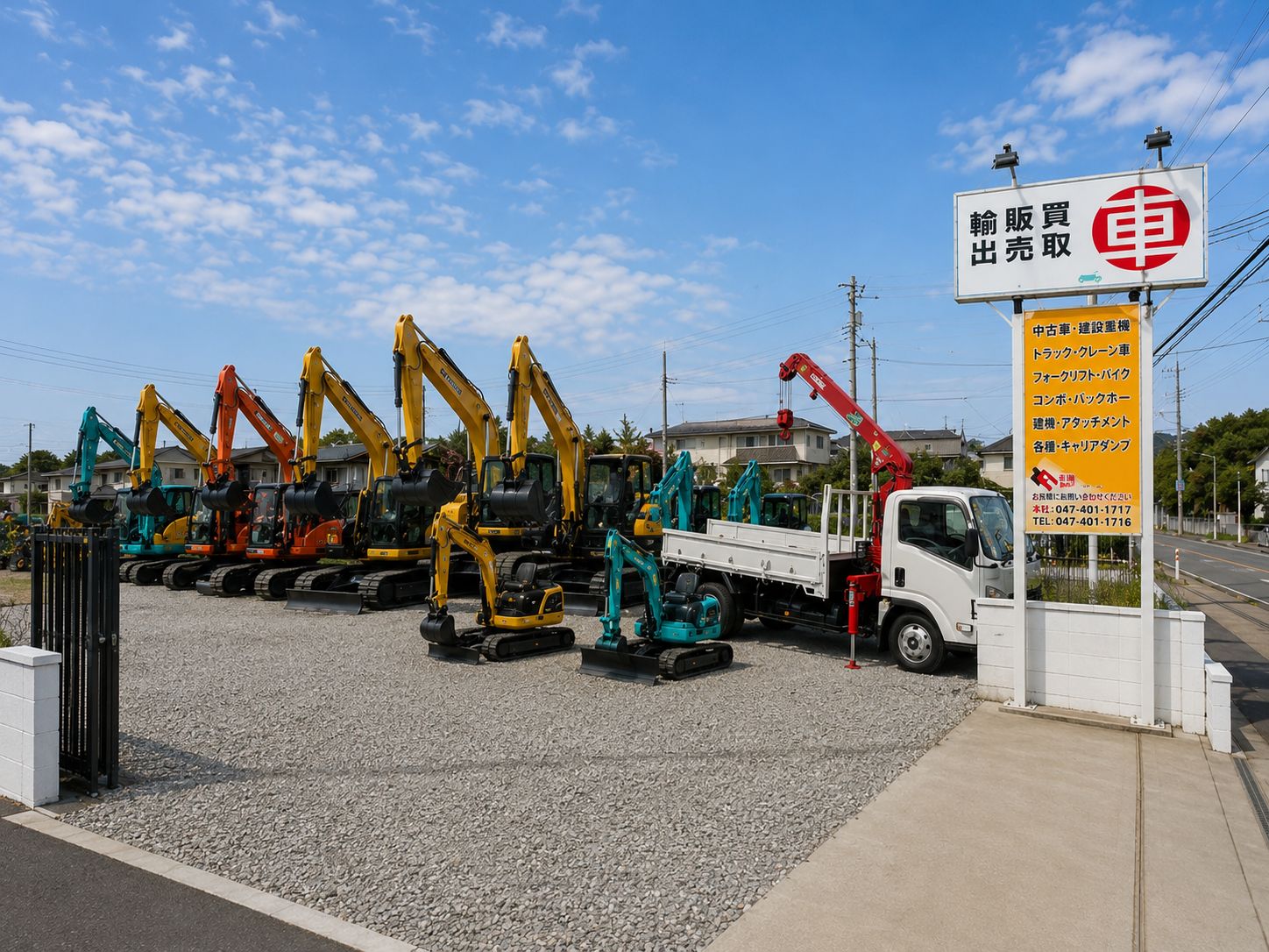 千葉県白井市のZAIインターナショナル車両ヤードと在庫の重機